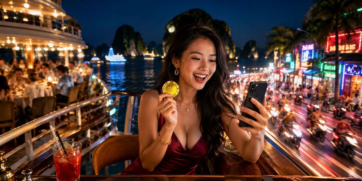 Cảnh vịnh Hạ Long về đêm với hiệu ứng neon biểu trưng cho trải nghiệm giải trí trực tuyến